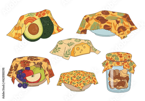 Illustrations of reusable beeswax food wraps covering an avocado, cheese, fruit, and a jar of nuts.