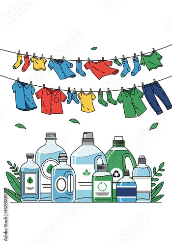 Colorful clothes hanging on a clothesline, alongside various bottles of laundry detergents and cleaning products.