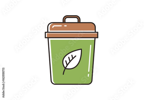 A green trash can with a leaf symbol, promoting environmental awareness.