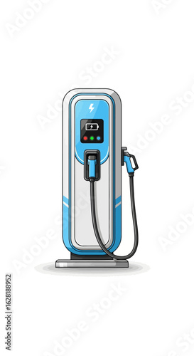 Modern electric vehicle charging station, sleek design, power cable, digital display.