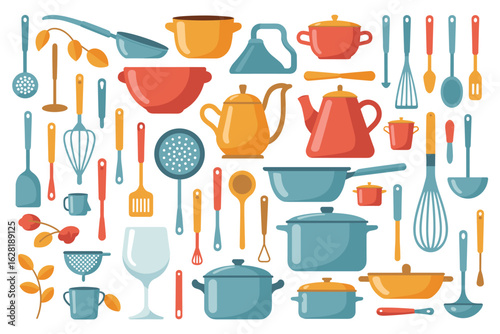 Collection of kitchen utensils and cookware in flat cartoon style kitchenware cooking