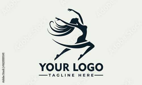 Silhouette of a graceful female dancer leaping with flowing hair, logo design.