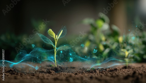 A young sprout emerging from soil, overlaid with abstract turquoise digital elements