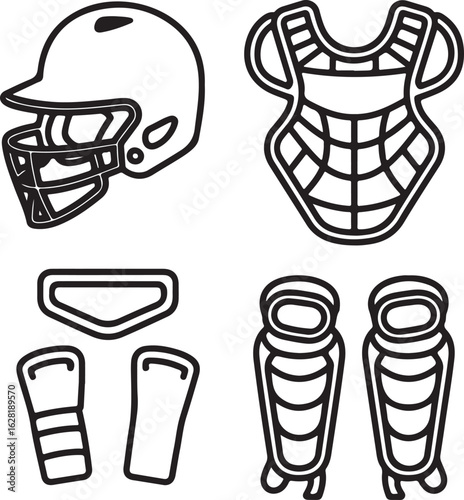 Softball Protective Gear Outline Icons Batting Helmet, Catcher's Chest Protector, Face Guard, Elbow Pads, Knee Guards, and Wristbands