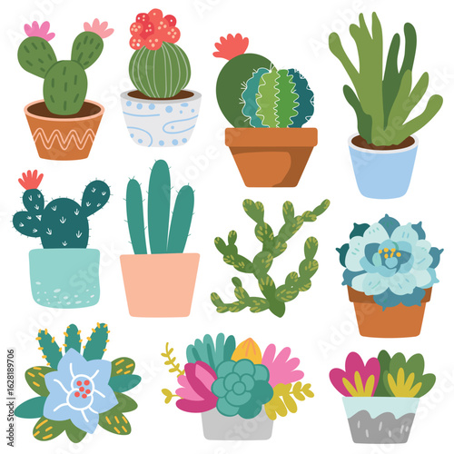 Collection of ten stylized potted cacti and succulents with colorful flowers cactus potted plant