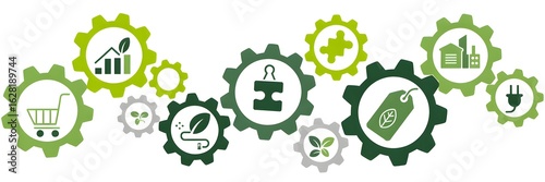 Eco-Friendly Gear: The interconnected mechanisms and symbols representing concepts such as environmental friendliness, conservation.
