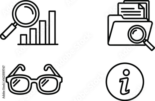 Vector art of data analysis and information gathering concept with magnifier, chart, folder, document, glasses, and information icons gaining insights