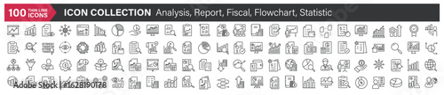 Big icons collection. Containing Analysis, Report, Fiscal, Flowchart, Statistic. Thin line style series icon