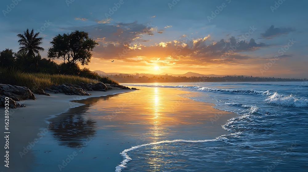 Fototapeta premium Twilight hues of blue and amber mingling in sky and water across a flat beach horizon.