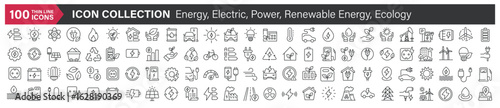 Big icons collection. Containing Energy, Electric, Power, Renewable Energy, Ecology. Thin line style series icon