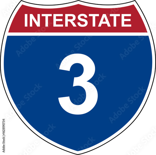 Interstate 3. Interstate highway sign. Road number. Signpost indicating route numbers in the U.S. Interstate Highway System. Even numbers run west to east. Odd numbers run north to south.