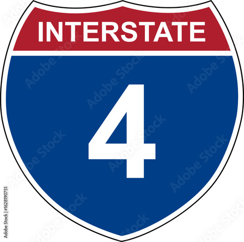 Interstate 4. Interstate highway sign. Road number. Signpost indicating route numbers in the U.S. Interstate Highway System. Even numbers run west to east. Odd numbers run north to south.