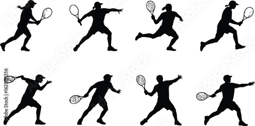 Tennis player silhouettes showing different poses and actions on white background