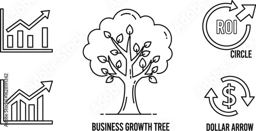 Vector art of business growth tree, roi circle, dollar arrow, and graph line art for finance, success, investment, and market analysis