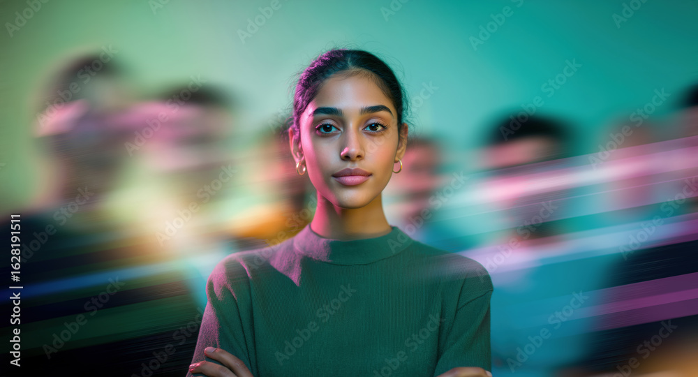 Naklejka premium Focused young Indian female leader with her team, facing camera in vibrant teal green and pink motion blur streaks