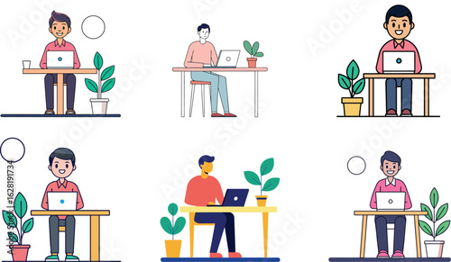 Remote Office Workers Vector Set. Flat Design Characters Working at Desks.