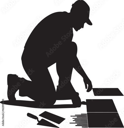 Tiler Silhouette Vector – Worker Laying Floor Tiles in Solid Black on White BackgroundTiler Silhouette Vector – Worker Laying Floor Tiles in Solid Black on White Background
