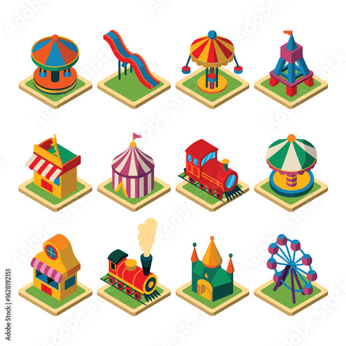 Isometric cartoon amusement park rides and attractions on white background theme park carnival