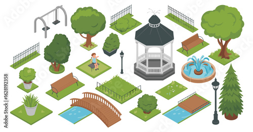 Isometric park elements including gazebo swings benches and trees illustration