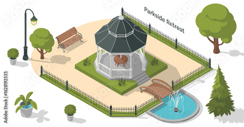 Isometric park scene with gazebo fountain and trees on white background bench