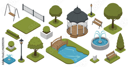Isometric park elements including gazebo, bridge, fountain, benches and trees vector