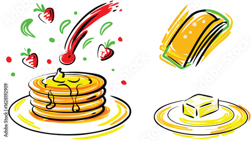 Illustration of pancakes with syrup and strawberries next to butter and stack of waffles art
