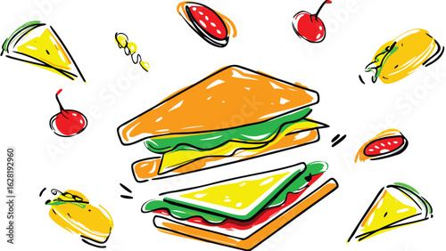 Hand drawn illustration of a sandwich with sides of pizza slices, cherries and hotdog slices around it