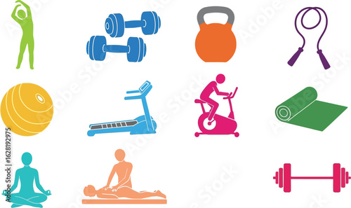 Collection of fitness and exercise equipment and poses