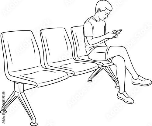 Man sitting on waiting chairs using phone line art vector illustration