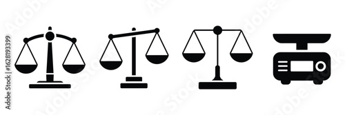 Set of four black and white balance scales and weighing machines weighing scale scales of justice