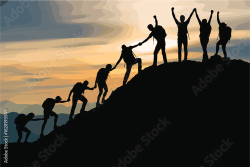 Silhouetted hikers climbing mountain peak at sunset with arms raised in victory hiking summit