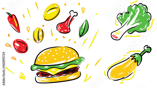 Illustration of a burger with vegetables like eggplant and lettuce with a chicken drumstick image