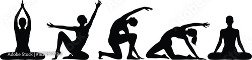 Silhouettes of people in various yoga poses demonstrating flexibility and balance