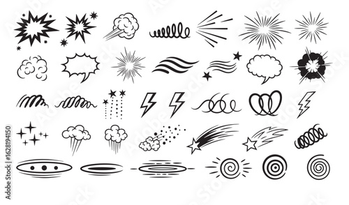 Collection of comic book elements and effects for visual storytelling and design projects