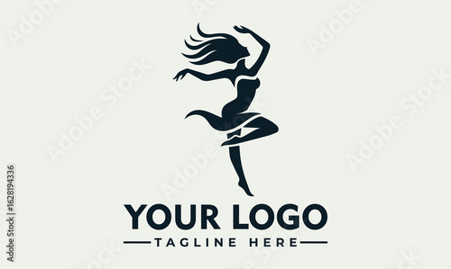 Silhouette of a woman dancing with flowing hair, a logo design element.