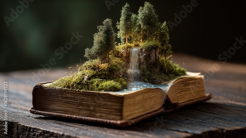 Ancient leather-bound book with miniature lush forest and waterfall on aged wooden surface