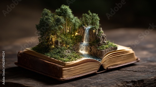 Ancient leather-bound book with miniature lush forest and shimmering waterfall