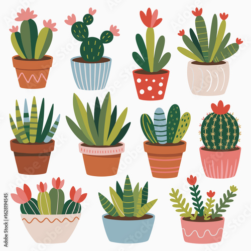 Obraz na plátne Whimsical Potted Cactus and Succulent Collection with Floral Accents potted plan