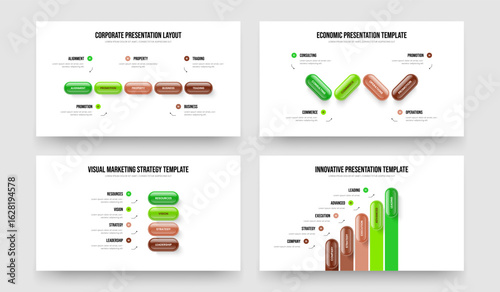 Visual Strategy Five Four Element Infographic Slideshow Design Vector Illustration Set. Project Proposal 5 4 Option Diagram Slide Template Collection.