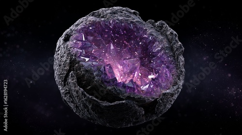 Floating Planet-Like Geode with Glowing Amethyst Core in Space