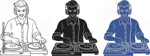 Three stylized illustrations of a dj at turntables