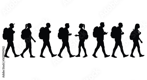 Silhouette of Group of Hikers with Backpacks Walking in a Row on White. vector Silhouette design