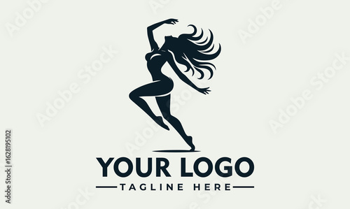 Silhouette of a woman leaping, stylized graphic design, logo template.