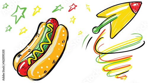 A whimsical illustration featuring a hotdog with stars and a rocket with colorful trails on white background