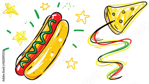 A whimsical illustration featuring a hotdog with mustard and a yellow ocarina with flowing lines