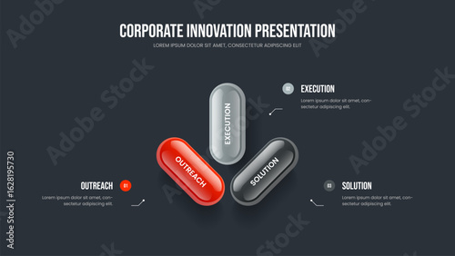 Financial Analysis Presentation Layout Vector Illustration. Visual Solution 3 Step Diagram Slideshow Template. Enterprise Development Three Option Infographic Slide Design.