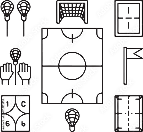 Lacrosse Field Icons – Black Outline Vector Set of Goals, Lines, Zones, and Referee Tools