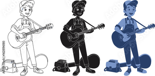 Cartoon musician playing guitar on a segway with various styles