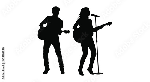 Silhouette of a Musical Duo Performing with Guitar and Microphone on Stage