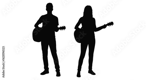 Silhouetted musicians playing acoustic guitars isolated on a white background for design